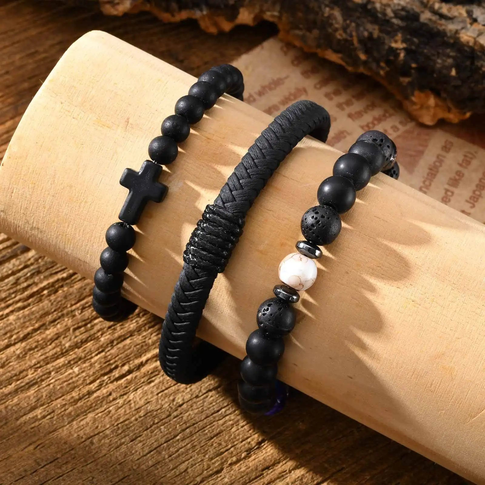 3pcs Punk Men's Bracelet,Black Color Natural Stone Beaded Bracelet,Cross Charm Wristband Gift
