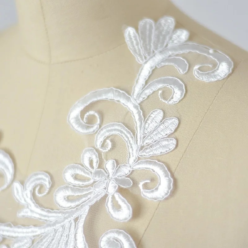 Elfenbein weiße Stickerei Spitze Blumen Applique, DIY Schleier, Handgemachte Materialien, Brautkleid Dekoration Zubehör, 1 Paar, 2 Stück – Detail 5