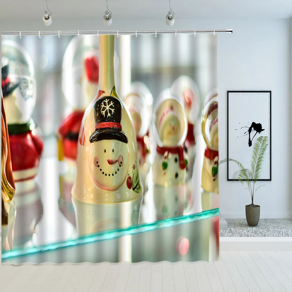 

New Year Gift Box Christmas Shower Curtain Children Cartoon Xmas gift bauble Fabric Bath Curtains Bathroom Deco with Hook Screen