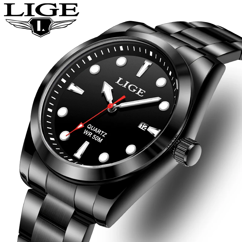 LIGE New Fashion Luxury Quatrz Watch Business Casual Sport Stainless Steel Band Watch for Men Waterproof Luminous Date Man Clock