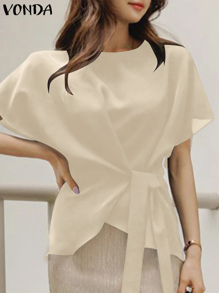VONDA 2024 여성용 반팔 블라우스, 크루넥 셔츠, 캐주얼 단색 튜닉 탑, 밴디지 스트리트 블라우스, 여름 패션