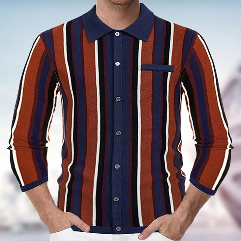 

Spring Casual Long Sleeve Slim Knitted Polo Shirts 2024 Fashion Striped Stitching Knit Tops For Men Knitwear Lapel Button Shirt