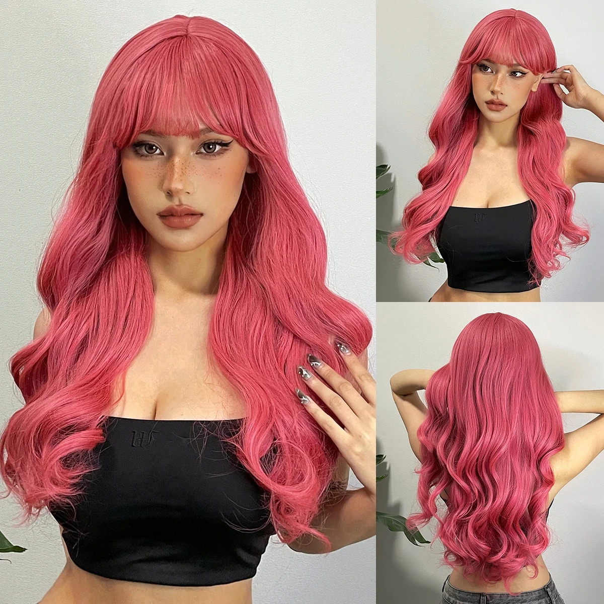 HENRY MARGU Long Wavy Pink Synthetic Wigs for Women With Bangs Natural Wave Hair Daily Use  Lolita Heat Resistant Fiber Wigs