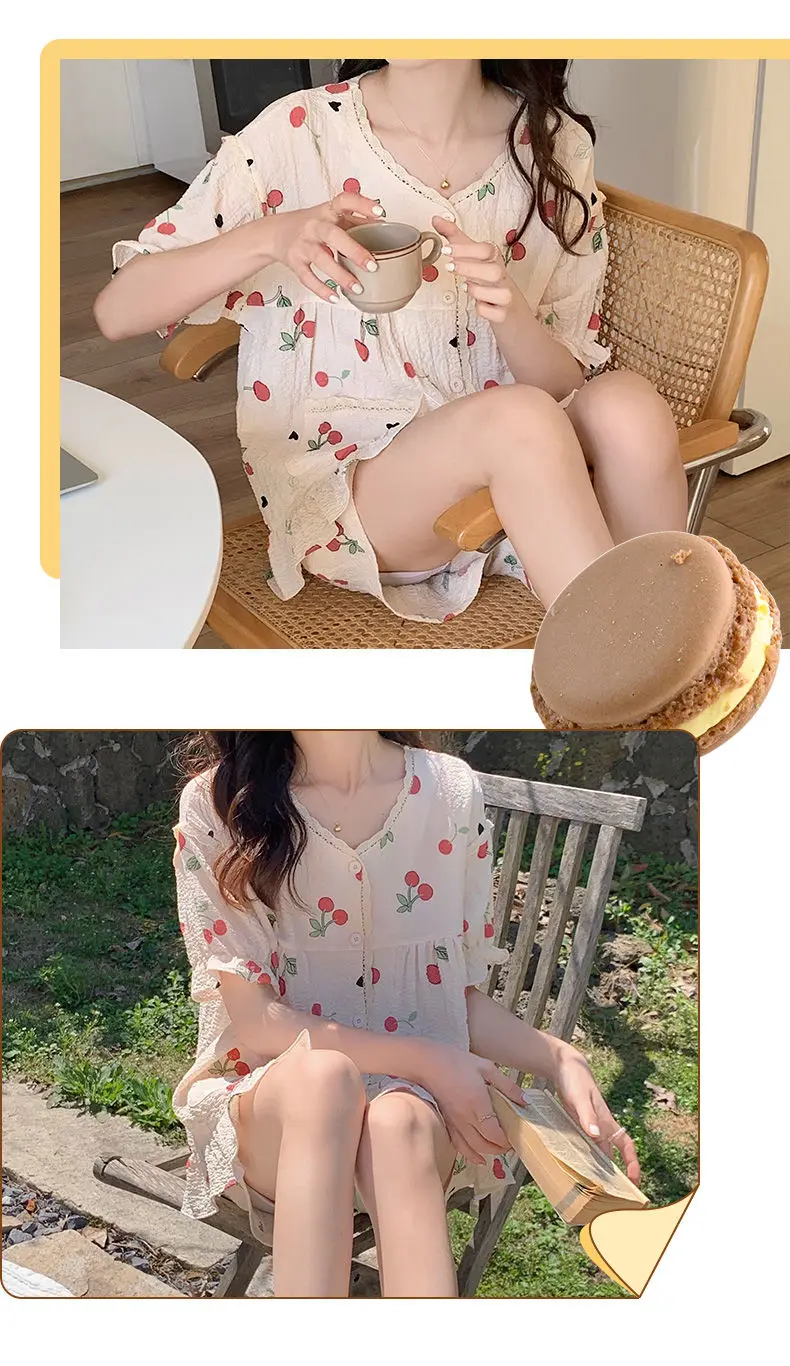 Yasuk Primăvară Toamnă Vară Femei Casual Moale Sleepwear Pamas Set cu Pantaloni Lungi Scurti Dulce Imprimeu Dantelă Căpșuni_voghion.com
