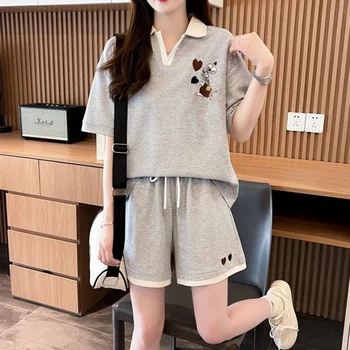 Women's Short Sets 2 Pieces POLO T Shirt Cotton Baggy Katoen Cute Korean Style Chic and Elegant Promotion Outfit Female Shorts 1