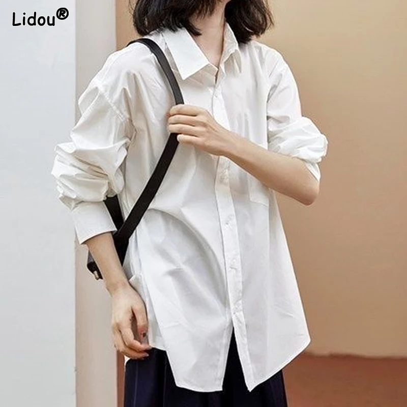 Straight Fashion Young Style Loose Blouses Solid Button Simplicity Sweet Turn-down Collar Spring Summer Thin Women's Clothing