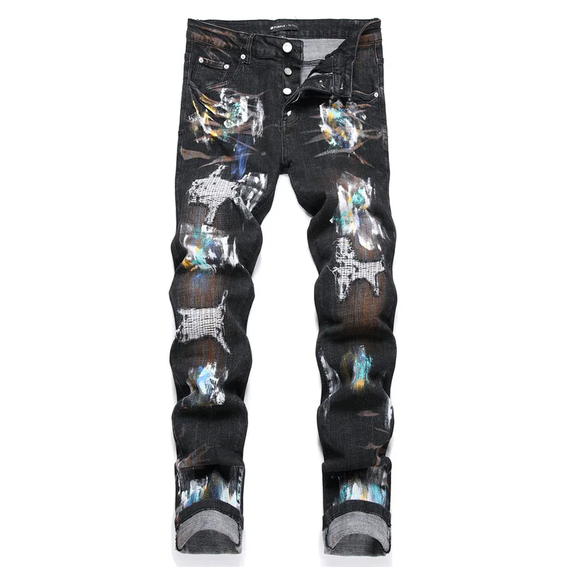 

Men Jeans Painted Embroidery Denim Pants Slim Ripped Stretch Destroyed Streetwear Hip Hop Male Trousers Distressed Men Chothing