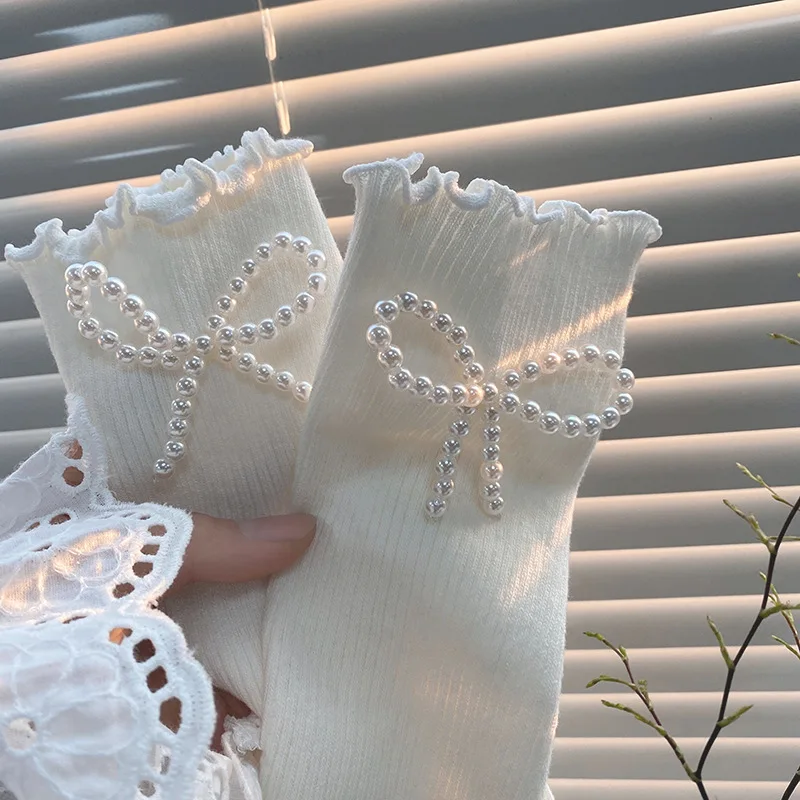 

French Vintage Lolita Cotton Socks Animation Soft Girl Cosplay Pearl Bowknot Calf Socks Costume JK Girl Lolita Cute Socks Maiden