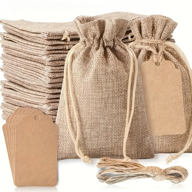 21pcs Linen Bundle Pocket, Wedding Party Gift Bag, Christmas Jewelry Bag, DIY Linen Bag Set, with Drawstring and Label