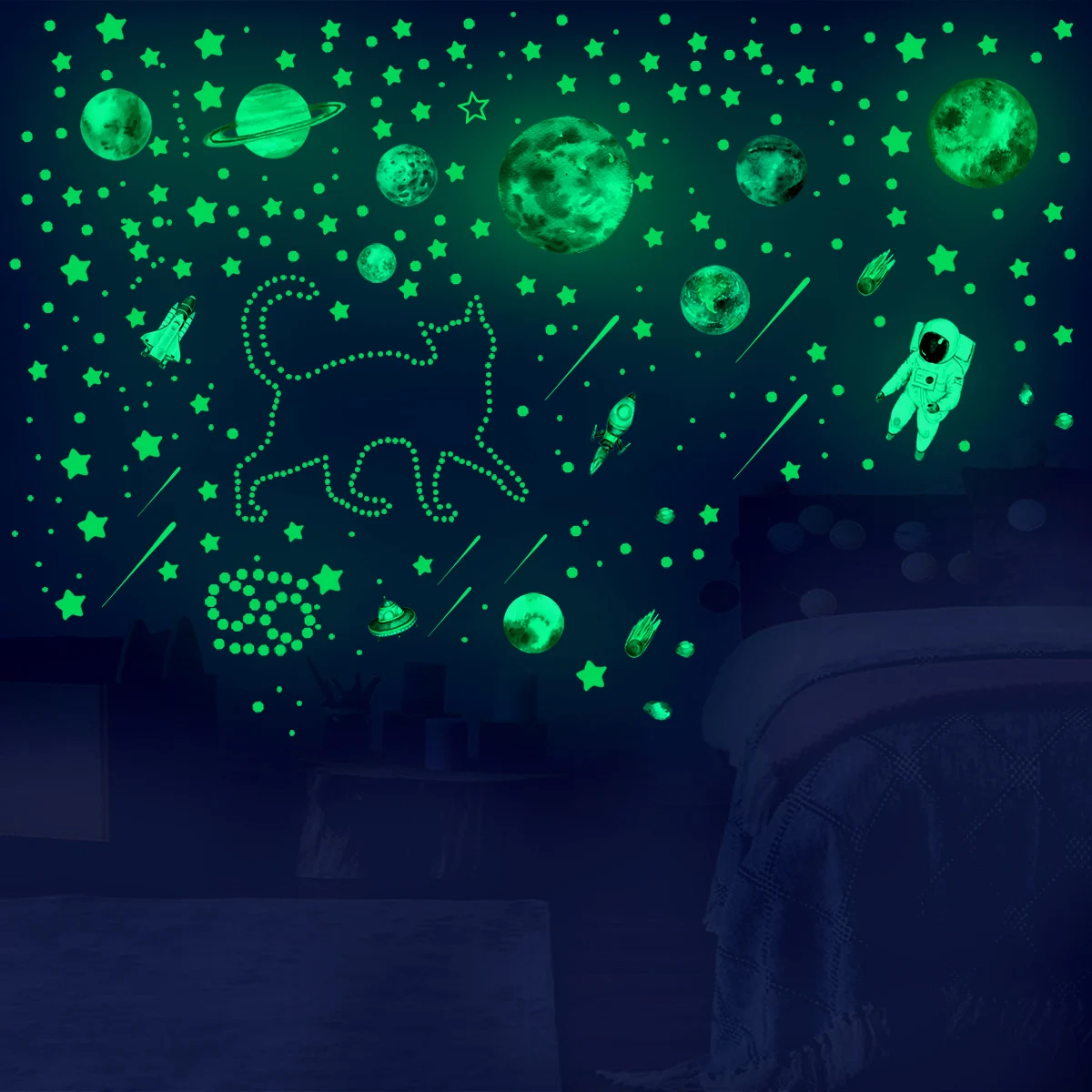 Glow in The Dark Stars Wall Stickers Glowing Stars Ceiling Luminous Planet Spaceship DIY Wall Decals Kids Room Decor 849Pcs