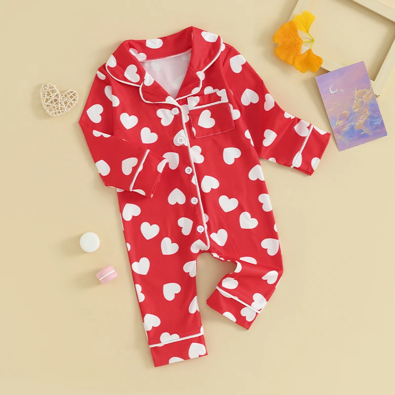 Newborn Baby Boys Girls Pjs Jumpsuits Long Sleeve Heart Print Button Up Rompers Pajamas