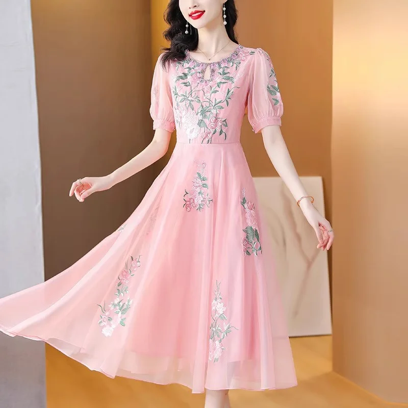 

High End Fashion Retro Embroidered Dress Women's 2023 Summer Ethnic Style Puff Sleeve Diamond Mesh Dress Elegant Vestidos Z1555