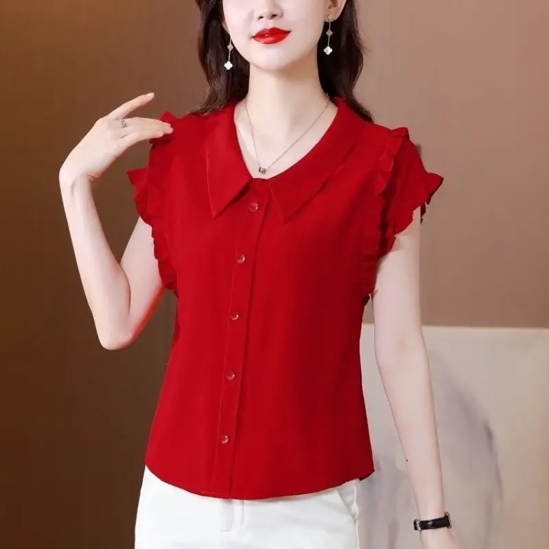 

Ladies Summer Korean Simplicity Office Lady Buttons Shirring Solid Color Slim Turn-down Collar Pullover Short Sleeve Blouse