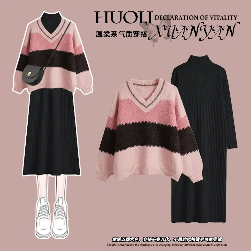 Korean Fashion Dress Sets Striped Knitted Pullover+Slim Black Midi Sweater Dress Two Piece Set Plus Size Clothing