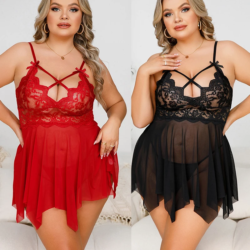 Plus Size Women's Erotic Pajamas Summer Tulle Clothing Sleeveless Backless Nightgowns Sexy Bra With T Pants Lace Babydoll Dress women lingerie,women lingerie set,women nightgowns,women nightdresses,women pajamas,sleeping dress