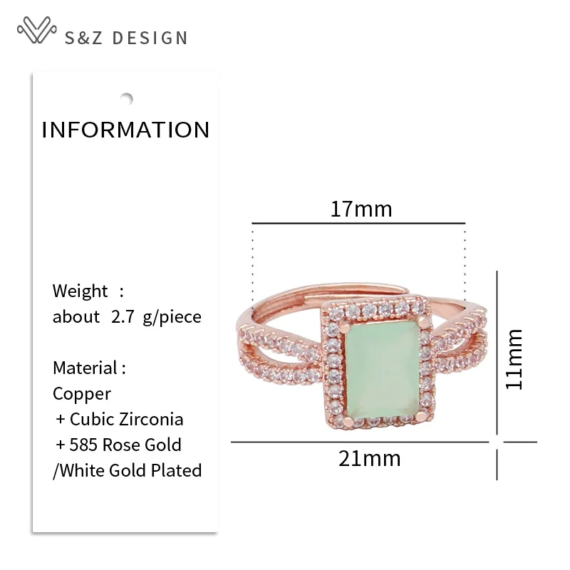 S&Z DESIGN New Trendy Rectangle Crystal Rings For Women Wedding Party Fashion 585 Rose Gold Color Cubic Zirconia Jewelry Gift