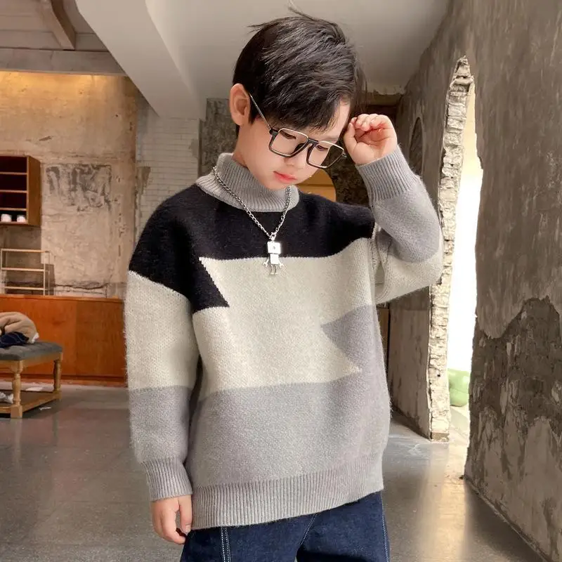 

Teens Clothing Autumn Winter Thick Warm Knit Sweater Fashion Patchwork Tops Kids Clothes for Boys High Collar Pullovers 4-12 Yrs
