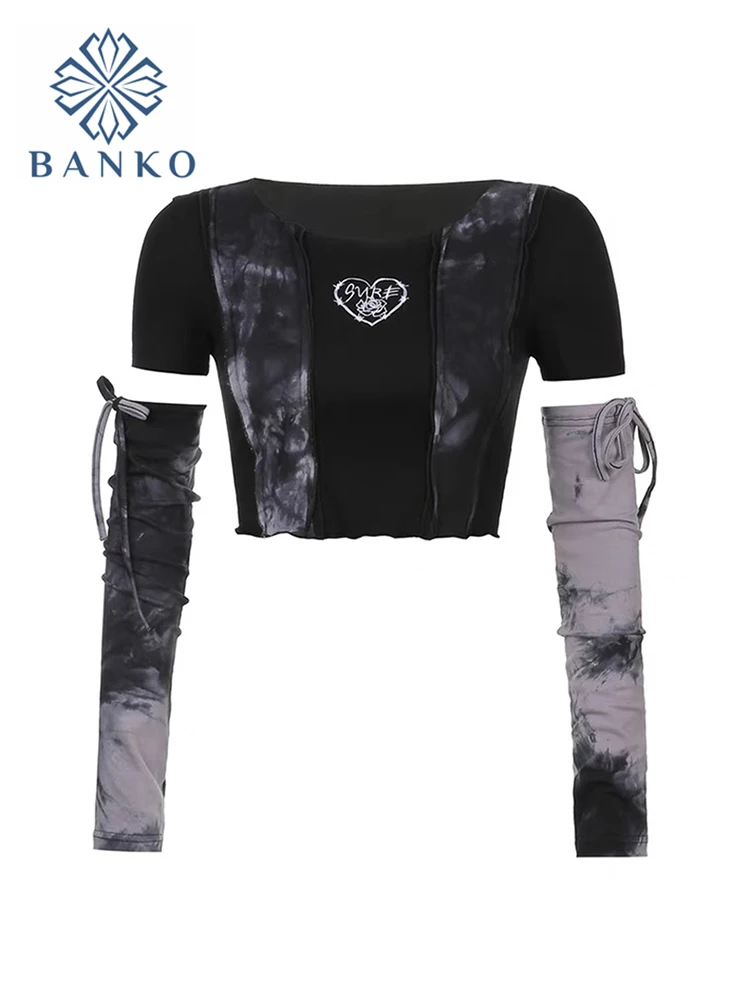 Y2K Gothic Harajuku Dark E-girl Punk Style Spring Patchwork T-shirt Tie Dye Crop Tops Hip Hop Women Long Sleeve Tee Streetwear | Женская