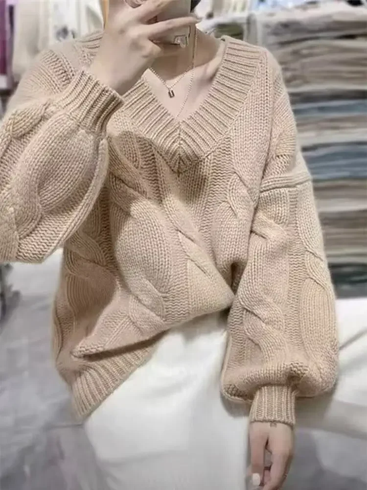 Autumn and Winter New Women's Clothing V-neck Retro Twist Women's Long-sleeved Sweater Elegant Solid Color Knitwear Pullovers