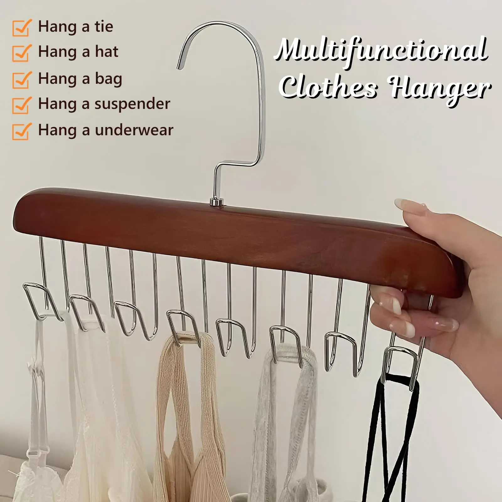 Bra Hanger for Closet Tank Top Hanger 8 Hooks Capacity Wood Space Saving for Bra Scarf Ties