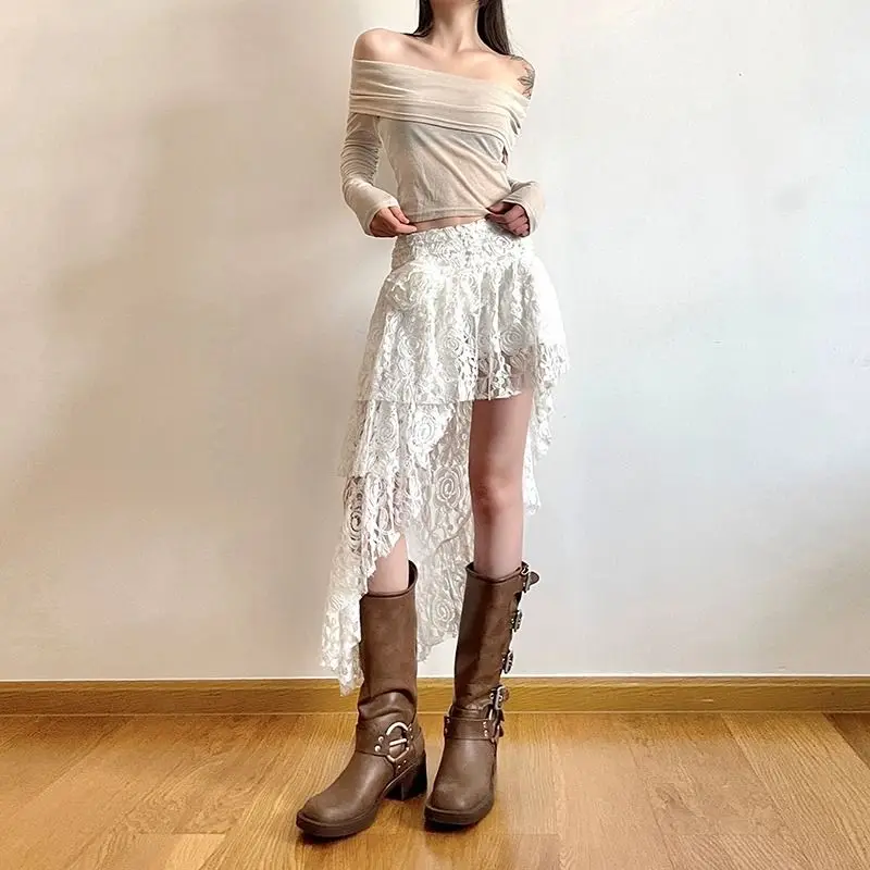 Deeptown-Saia Boho Vintage de renda feminina, saias brancas assimétricas, elegante Fairycore, moda coreana, saia meio curta irregular de Tull