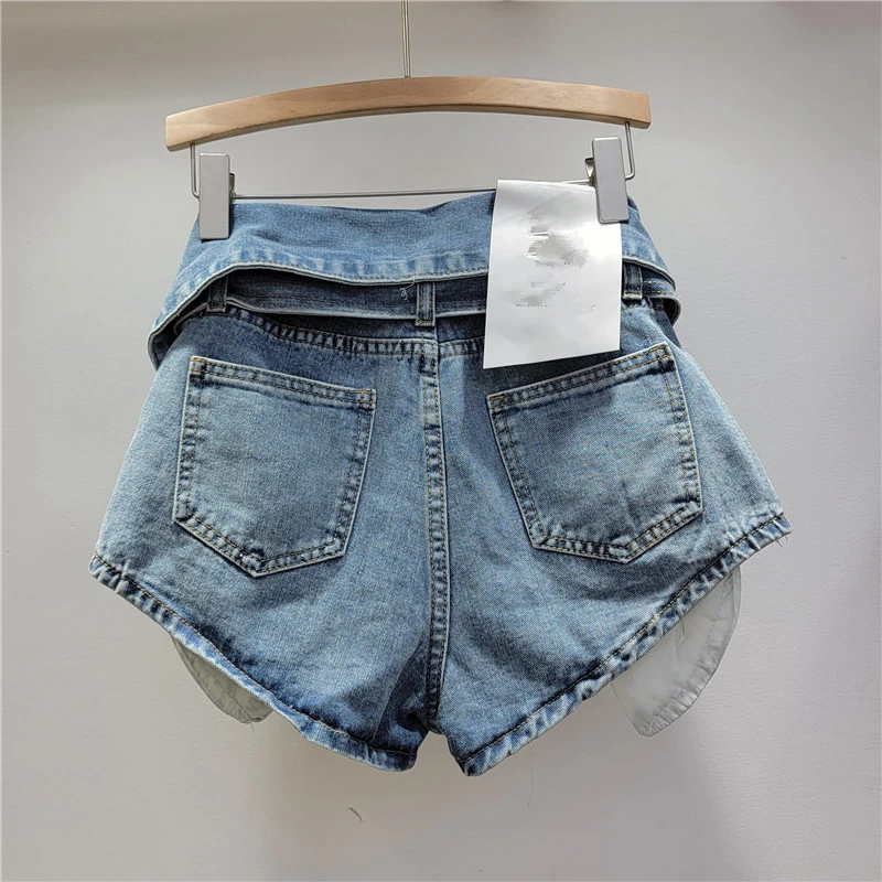 Vintage Holes Patchwork Denim Shorts Women Trend Lapel High Waist Irregular Jeans Pants Drop Shipping Wholesale Female Clothing
