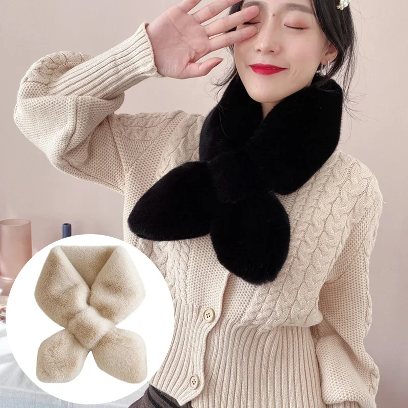 

Solid Color Plush Warm Neck Fur Collars Autumn Winter Imitation Rex Rabbit Fur Cross Scarf Women Furry Bib Girls Warm Collar