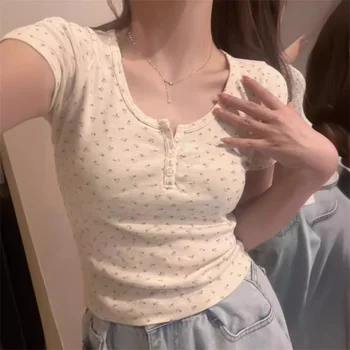 Y2k Short sleeve Sexy U Collar Floral Print Lace Slim T-shirt 2025 Summer Women Clothing Floral Slim Shirt Button T-shirt Top 1