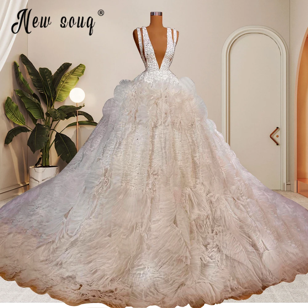 

Deep V Neck Puffy Ruffles Wedding Dress Luxury Heavy Beaded Crystals Bridal Gowns 2023 Backless Bride Formal Wedding Dresses