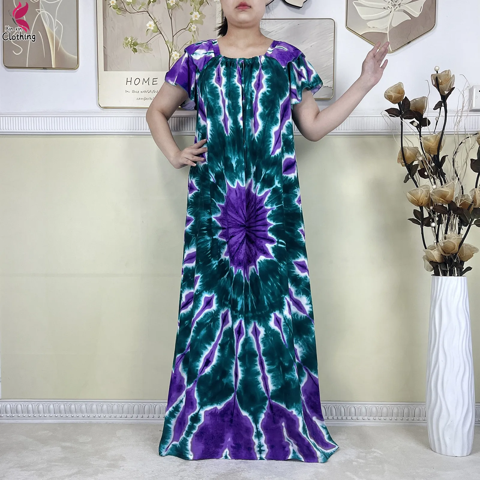 2025 Latest African Summer Short Sleeve Dress Tie-dyed Loose Boubou Maxi Islam Women Casual Dress Muslim Tradition Abaya Clothes 4