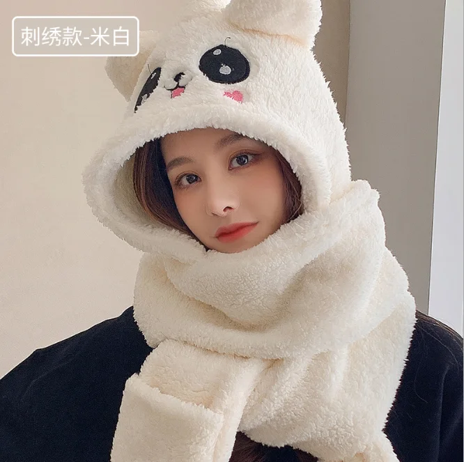 

Little Bear Scarf Female Winter Hat Scarf One Lovely Lamb Cashmere Thickened Warm Neck Protection Winter Girl Embroidered White