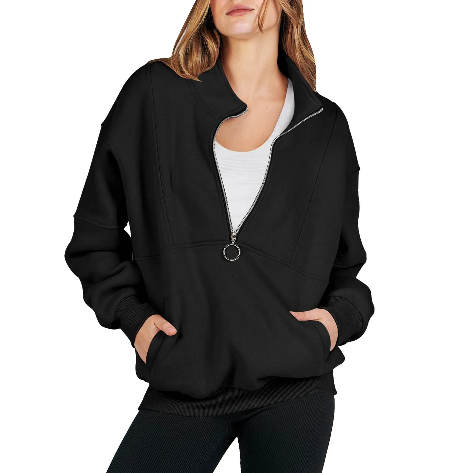 

Harajuku Unisex Loose Sweatshirt Oversized Quarter Zip Long Sleeve Pullover Tops Autumn Solid Color Long Slevee Women Clothes