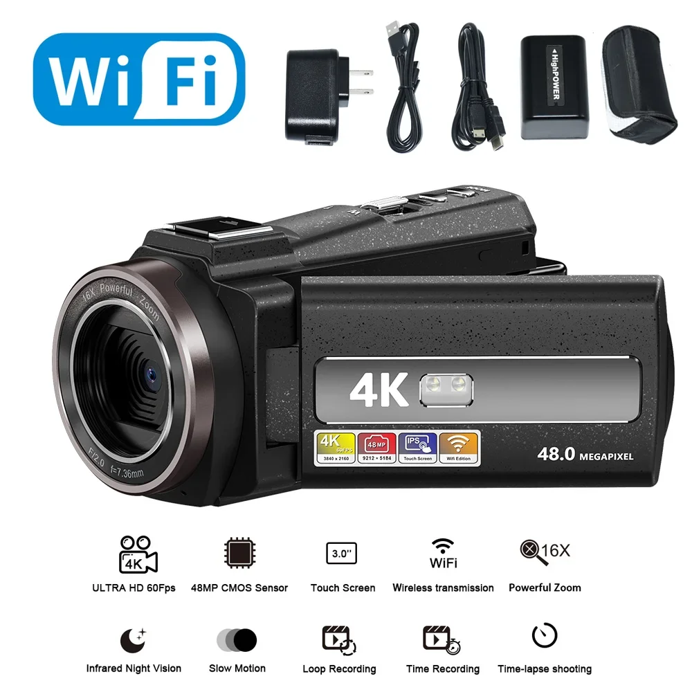 Digitální WIFI videokamera 4K plný HD 16MP DV videokamera digitální video kamera 270 stupňů rotace obrazovka 16X noc smyk zaskočit
