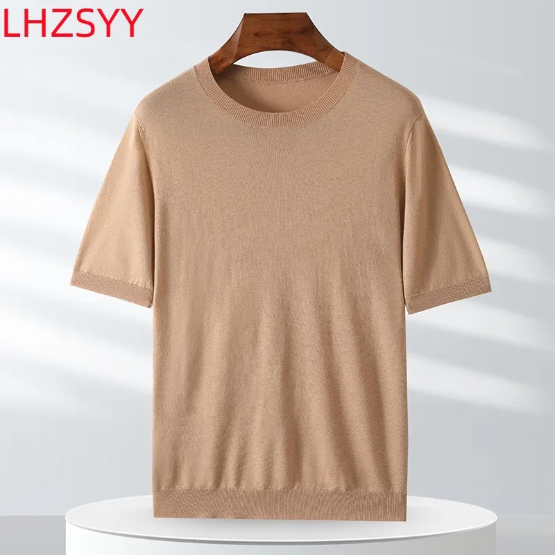 

LHZSYY 2023 Men's O-Neck Pure Wool Short Sleeve T-shirt Summer New Worsted Loose Vest Young Middle-aged Thin Top Bottoming Shirt