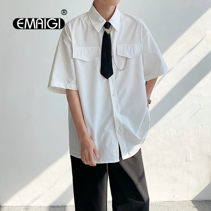 

Men Tie Loose Casual Short Sleeve Shirts Male Japan Korean Streetwear Fashion Party Dress Shirts Blouses Stage Clothing