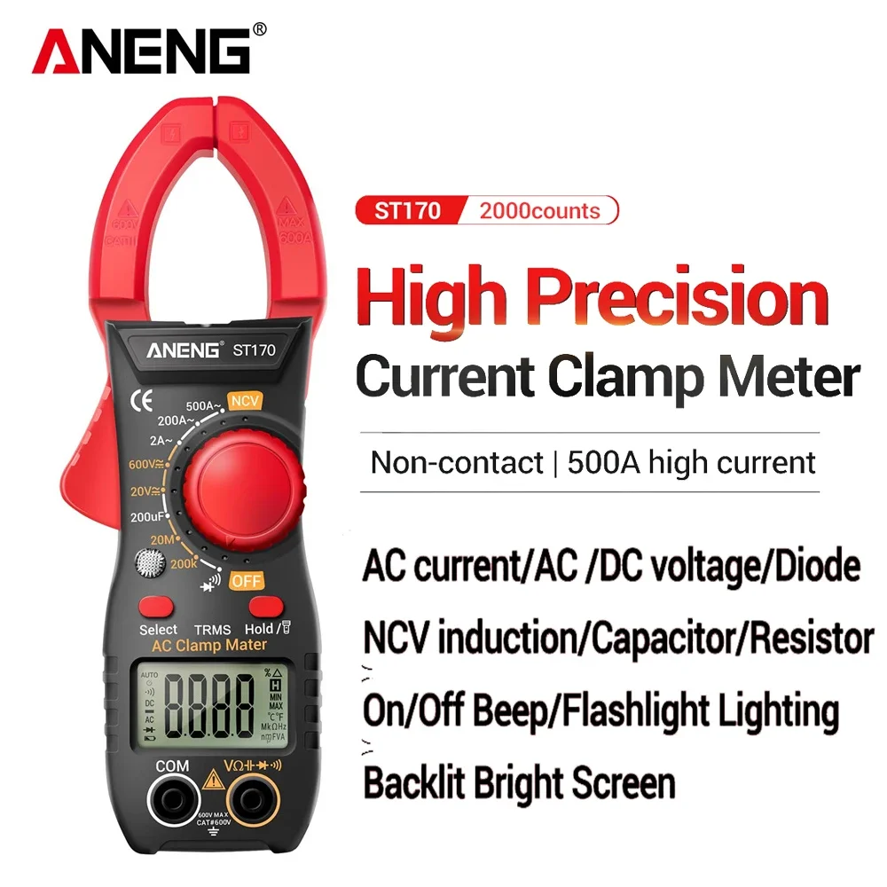 

ANENG ST170 Digital Clamp Meter 500A AC Current Multimeter 1999 Counts AC/DC Voltage Tester Hz Capacitance NCV Ohm Diode Test