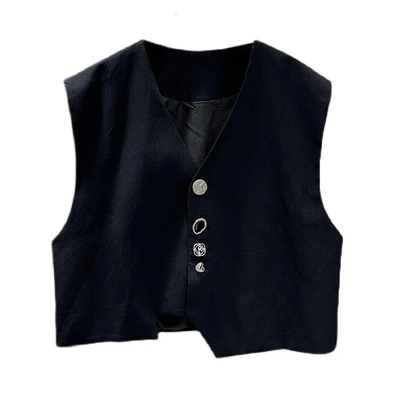 Women's Summer New Decorative Button Horse Clip Sleeveless Short Design Top with Suit Vest Coat
