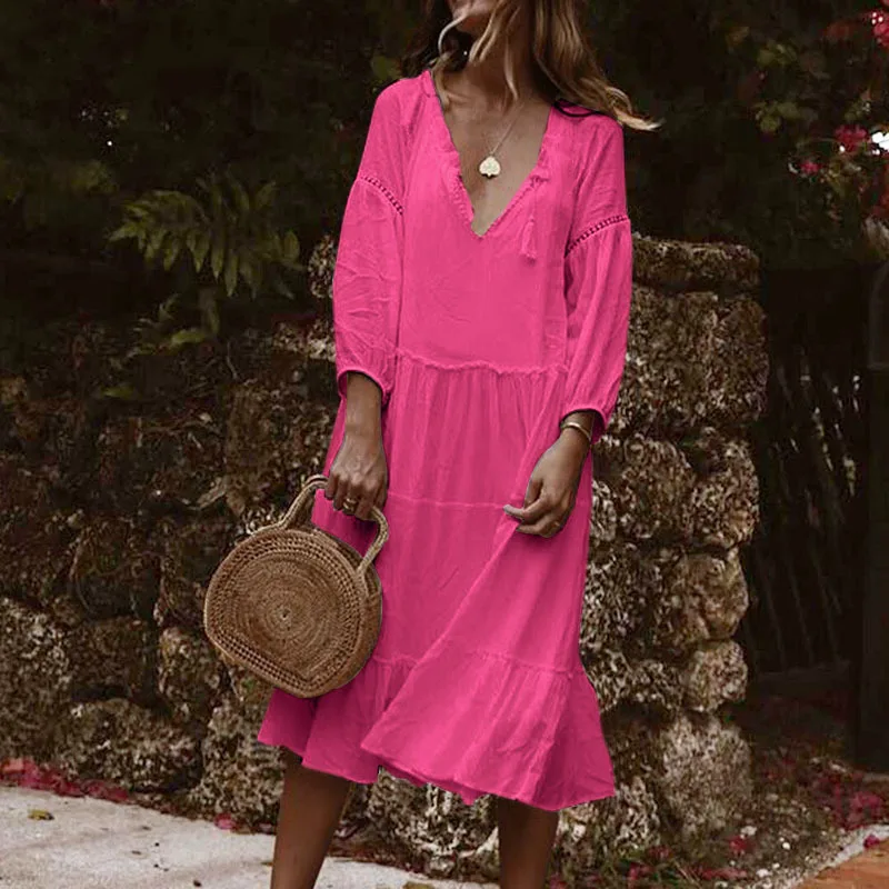 

Women Sexy Solid Spliced Pleat Pullover Dress Spring V-neck A-Line Long Loose Dress Autumn Three Quarter Sleeve Boho Party Dress