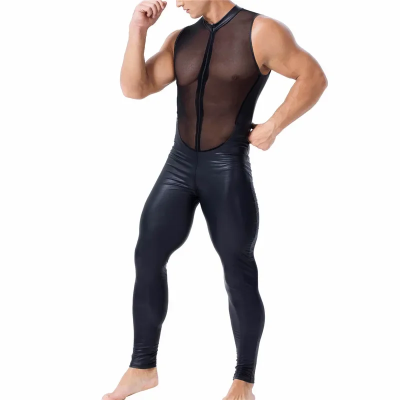 Mens PU Leather Jumpsuit Male Sleeveless One-piece Faux Leather Bodysuit Stage Men's Leotard Wrestling Singlet Men Clubwear
