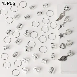 Alloy Braid and Dreadlock Hair Rings - Hippie Style Hair Jewelry Set (45 Pieces) (Silver)