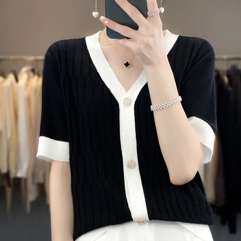

Женский кардиган с коротким рукавом, свитер, новинка 2023, вязаный Универсальный облегающий кардиган с V-образным вырезом, женское летнее пальто, изящная имитация Woo