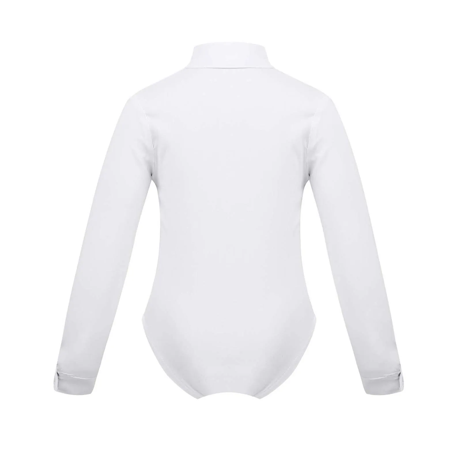 Kids Boys Latin Dance Costume White Long Sleeve Shirts One-Piece Lapel Romper Leotard Bodysuit