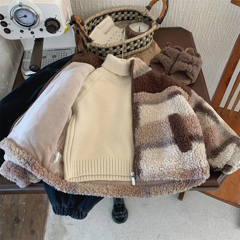 Autumn Winter Korean Children Boy Woolen Coat Cotton Fleece Thick Baby Boy Jacket Loose Patchwork Handsome Infant Boys Coat