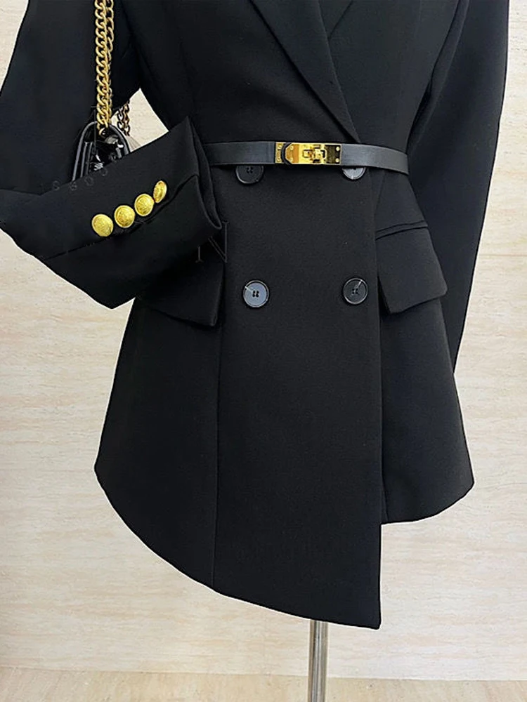 2023 New Autumn Black Suit Long Jacket High-end Slim Fit Metal