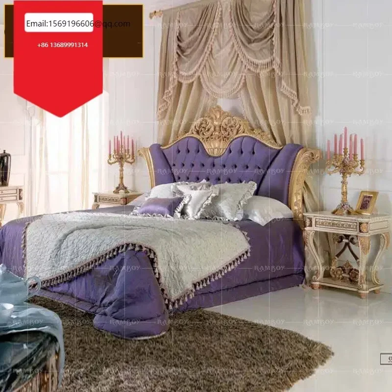 

European-style furniture Neoclassical solid wood princess luxury fabric soft bag master bedroom gold foil double bed