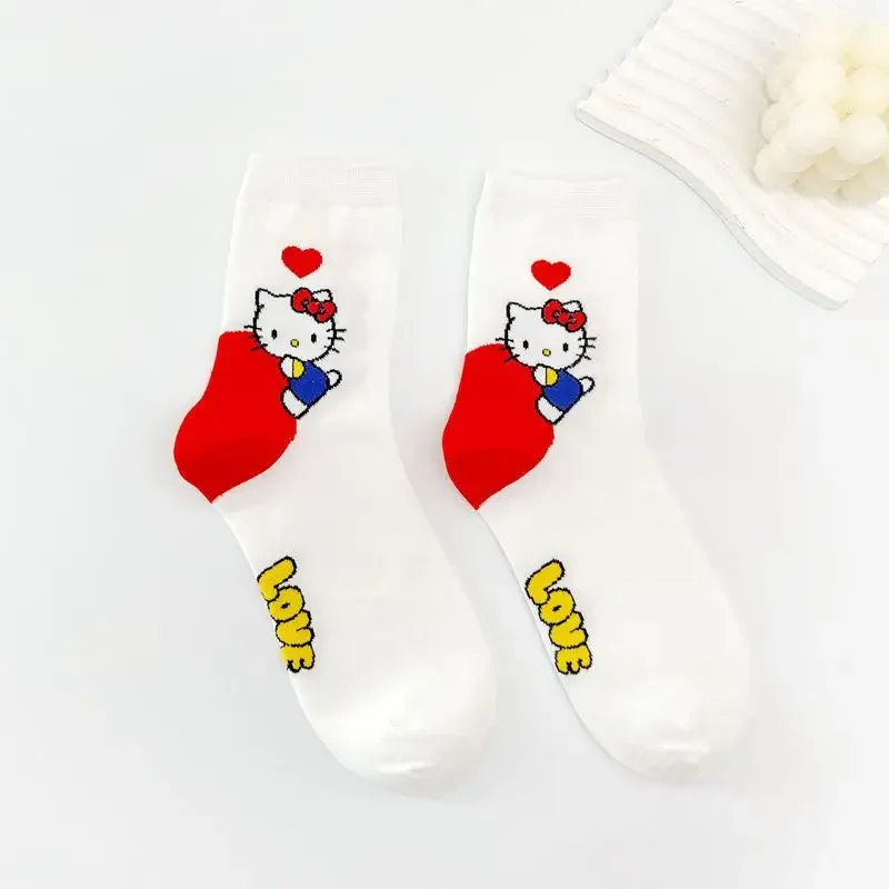 Sanrio Kawaii Anime Cartoon New Pink Plaid Medium Tube Socks Women's Ins Style Versatile Cute Hello Kitty Socks Cotton