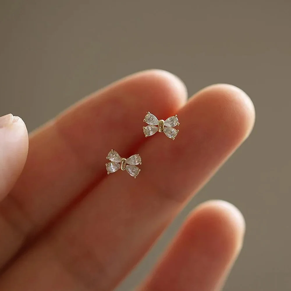 Stud Earrings Gold Color Metal Bar Round Cubic Zirconia Stone For Women Bowknot Shape CZ Post Classic Sparkling