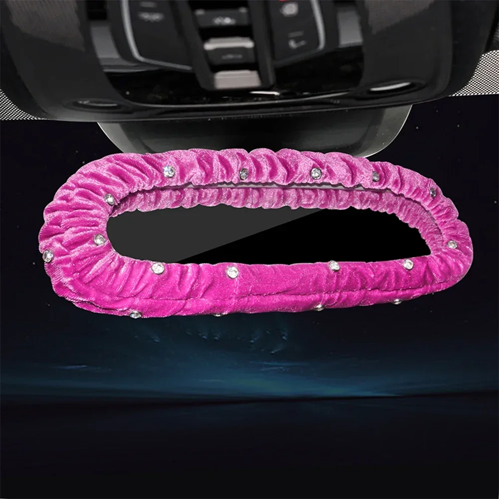 Crystal Diamond Plush Auto Rearview Mirror Decor Bling Rhinestone Car Interior Accessories Elastic Rearview Mirror Cover Women