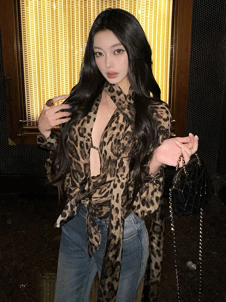 Nibber Lace-Up  Sexy Leopard Chiffon Shirt Women Halter Ribbon Deep Neck Long Sleeve Elegant Commute Hottie Midnight Clubwear