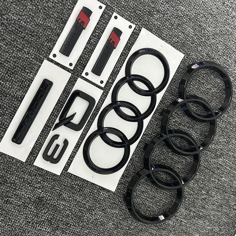 아우디 2013-2022 Q3 4링 로고 ABS 블랙 202mm 자동차 후드 프론트 그릴 엠블럼 리어 트렁크 배지 Q3 스티커 콰트로 S라인 엠블럼 (Q3 용)